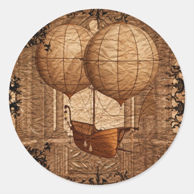 Grunge Steampunk Victorian Airship Classic Round Sticker (Front)