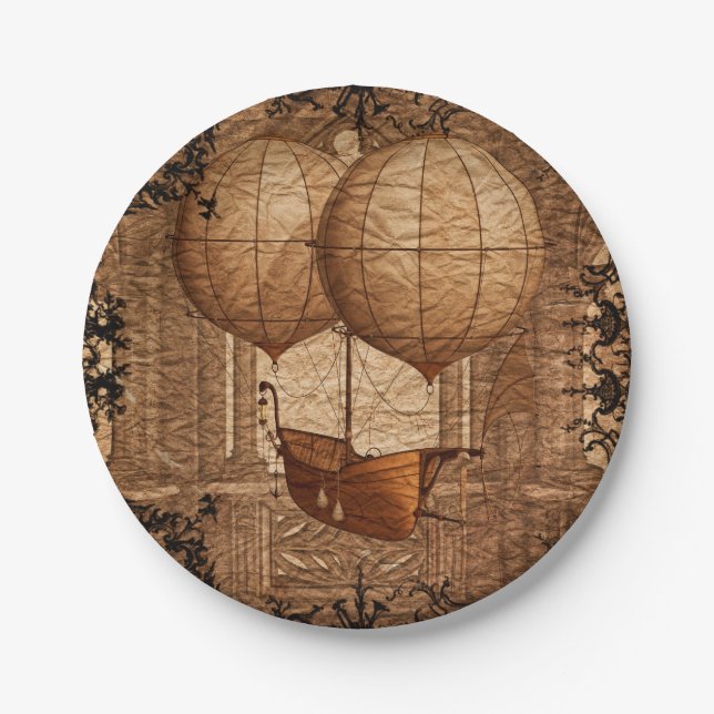 Grunge Steampunk Victorian Airship Paper Plate (Front)