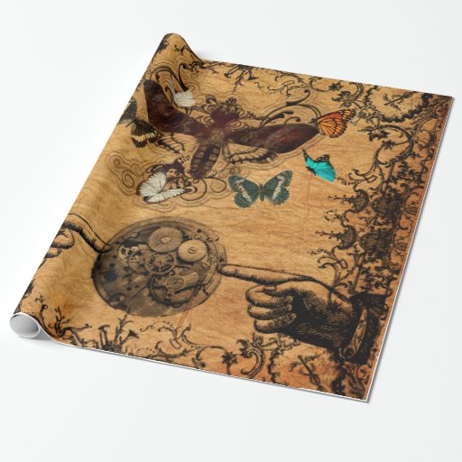 Image of Grunge Steampunk Victorian Butterfly Wrapping Paper