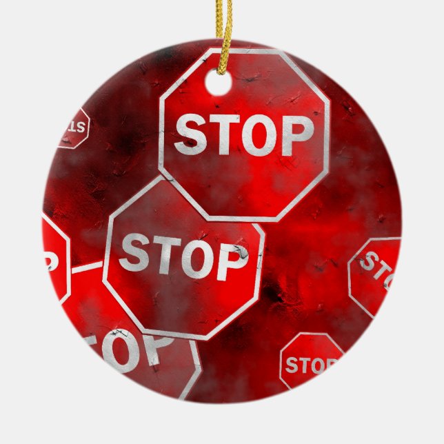 Grunge Stop Sign Ceramic Tree Decoration (Front)