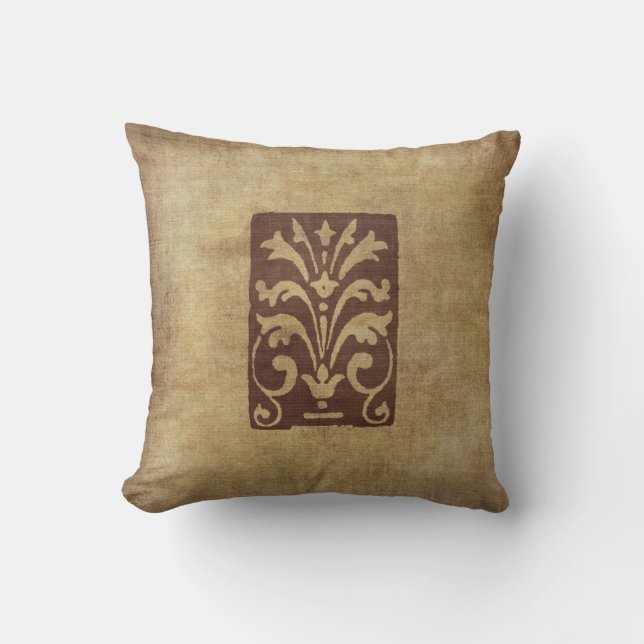 Grunge Style Antique Motif Pillow Distressed Brown (Front)