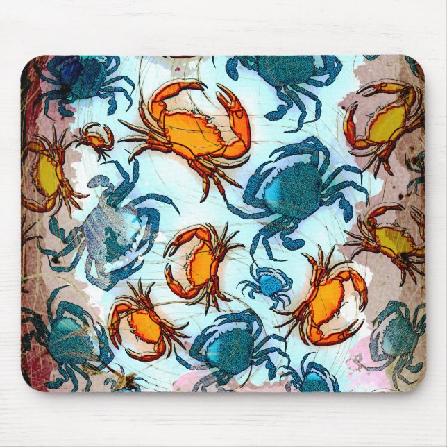 Grunge Style Red and Blue Crabs Collage Mouse Mat (Front)