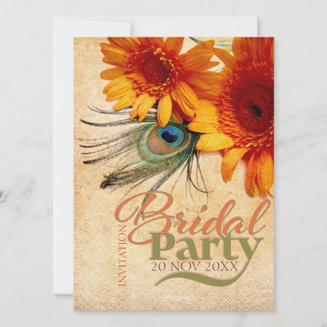 Grunge Summer Peacock feather Bridal Party Invite (Front)