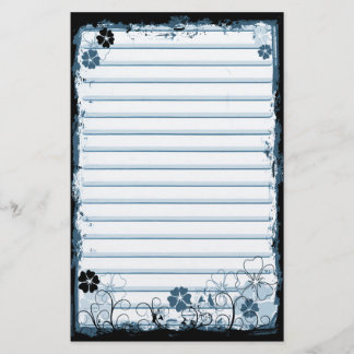 Grunge Swirl Flowers Lined Stationery White Blue