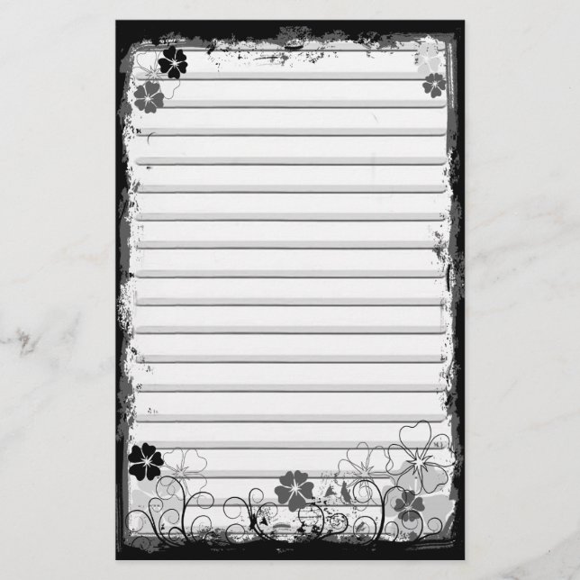 Grunge Swirl Flowers Lined Stationery White Grey (Front)