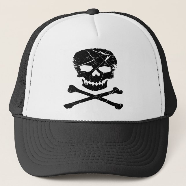 Grunge Tattoo Skull and Cross Bones Trucker Hat (Front)