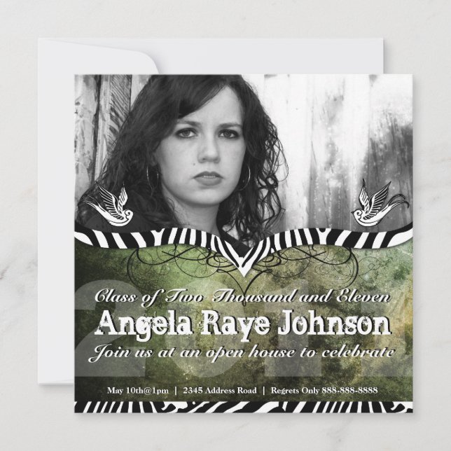 Grunge Tattoo swallows & Urban Green Grad Invite (Front)