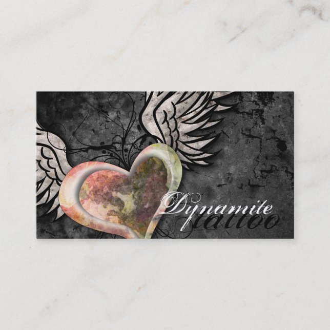 Grunge Texture Heart Wings Tattoo Business Card (Front)