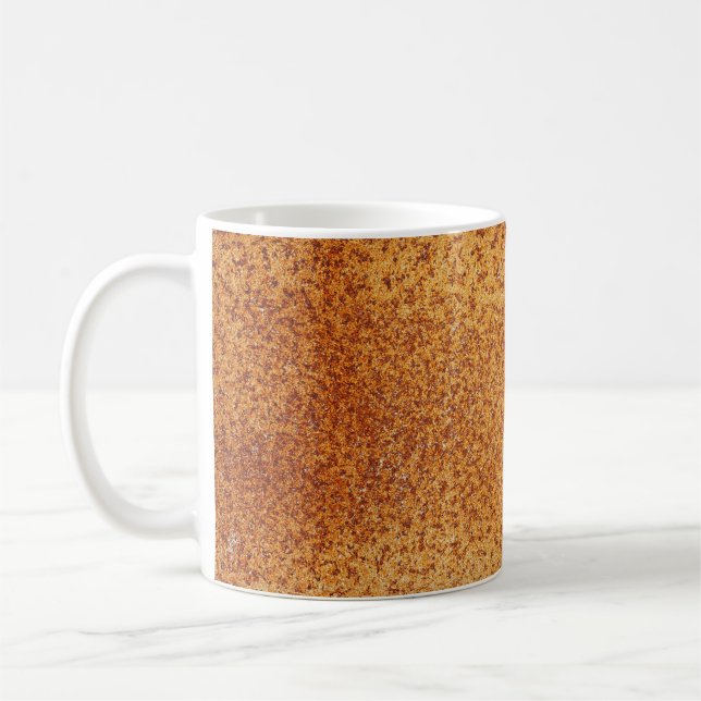 Grunge texture of very old rusty metal plate backg coffee mug (Left)