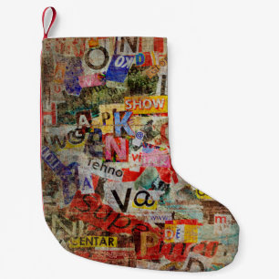 Grunge textured background design with old torn ne small christmas stocking
