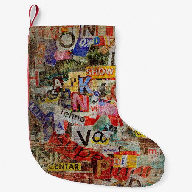 Grunge textured background design with old torn ne small christmas stocking (Front)