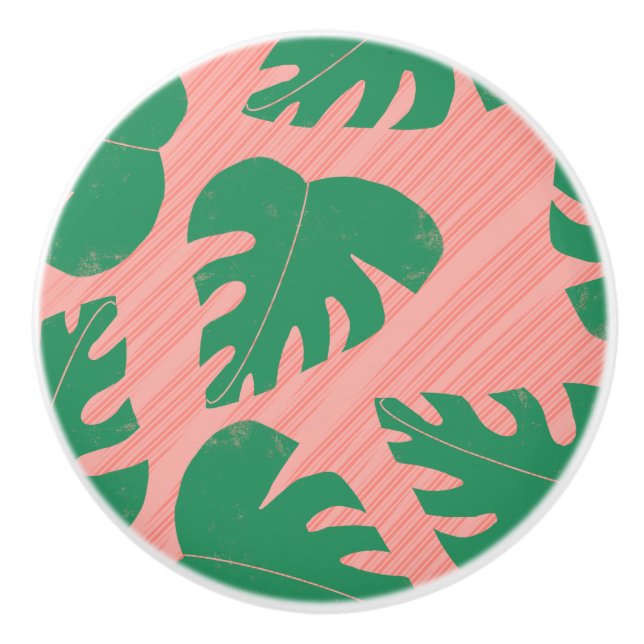 Grunge Tropical Green Monstera Leaves Ceramic Knob (Front)