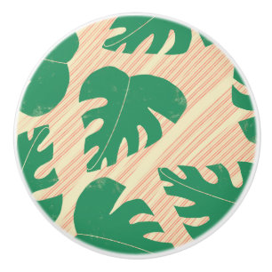 Grunge Tropical Green Monstera Leaves Ceramic Knob