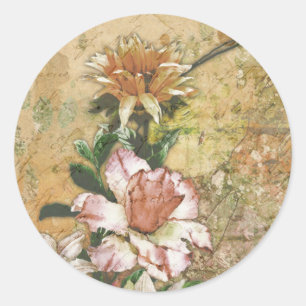 Grunge Vintage Antique Floral Decoupage Classic Round Sticker