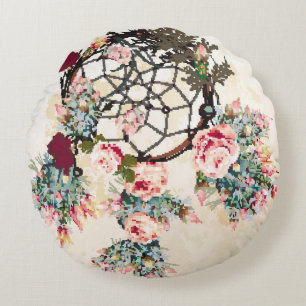 Grunge vintage bo-ho background with Indian dream- Round Cushion