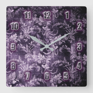Grunge vintage floral pattern in cool dark purple square wall clock