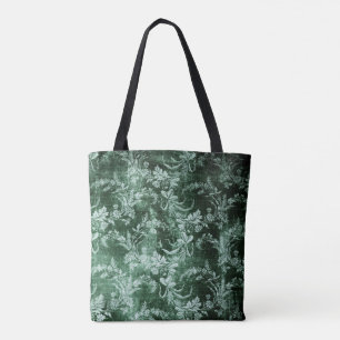 Grunge vintage floral pattern in dark green tote bag