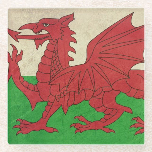 Grunge Welsh Dragon flag illustration Glass Coaster (Front)