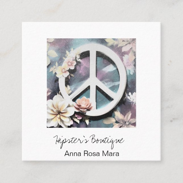 *~* Grunge White Peace Sign Flowers  Boho QR AP57 Square Business Card (Front)