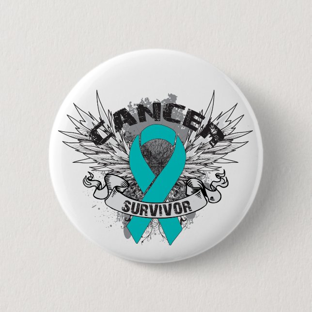 Grunge Winged Ribbon Ovarian Cancer Survivor 6 Cm Round Badge (Front)
