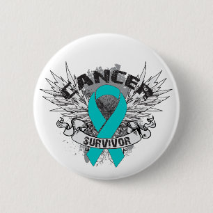 Grunge Winged Ribbon Ovarian Cancer Survivor 6 Cm Round Badge