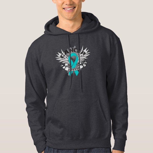 Grunge Winged Ribbon Ovarian Cancer Survivor Hoodie (Front)