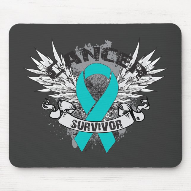 Grunge Winged Ribbon Ovarian Cancer Survivor Mouse Mat (Front)