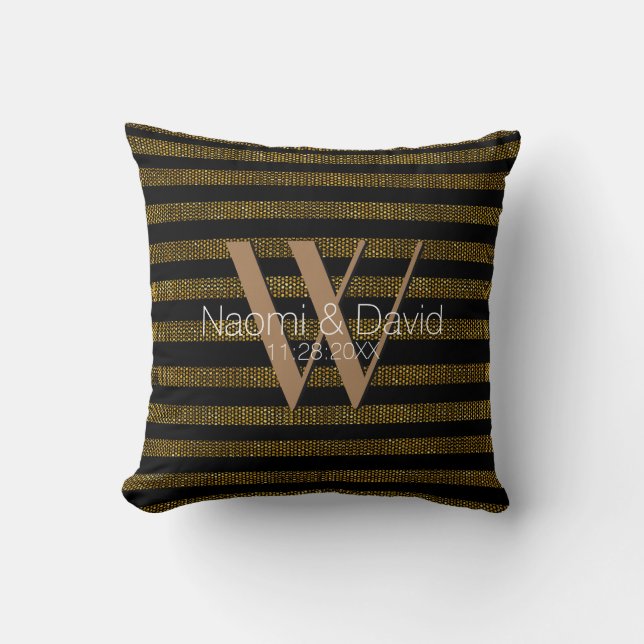 Grungish Gold Glitter and black stripes Monogram Cushion (Front)