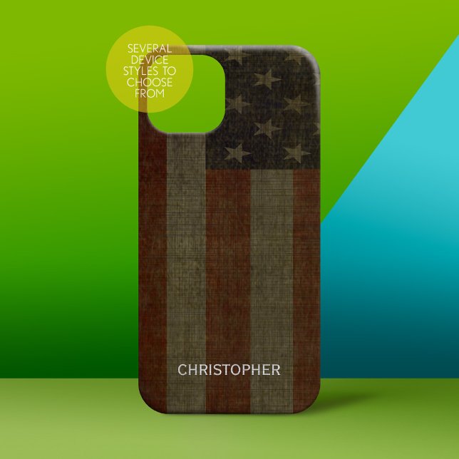 Grungy American Flag with Linen Finish and Name Case-Mate iPhone Case (Personalized Phone Case - subtle name)