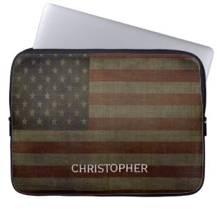 Grungy American Flag with Linen Finish and Name Laptop Sleeve