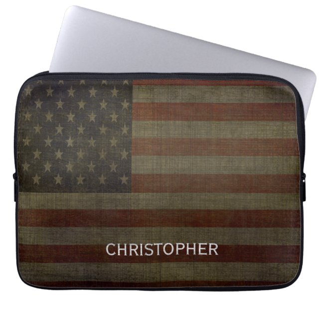 Grungy American Flag with Linen Finish and Name Laptop Sleeve (Front)