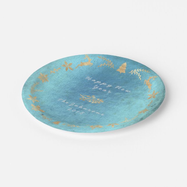 Grungy Aquatic Ocean Gold Gray Christmas Paper Plate (Angled)