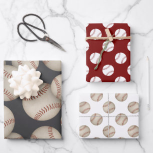 grungy baseballs softballs coordinating set of 3 wrapping paper sheet