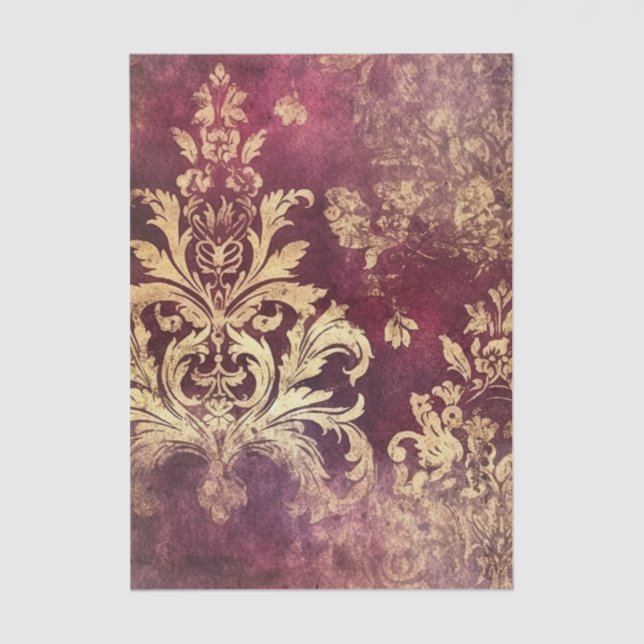 Grungy Burgundy and Gold Damask Pattern Tissue Paper (Front)
