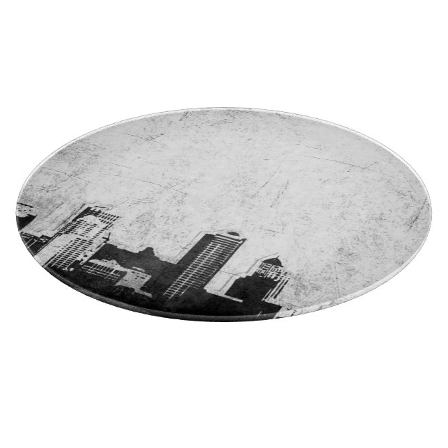 Grungy city background in black and white cutting board (Corner)
