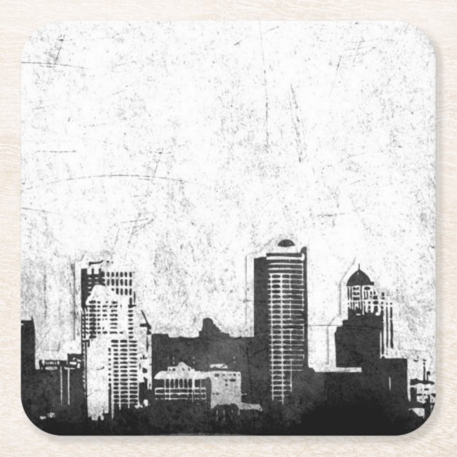 Grungy city background in black and white square paper coaster (Front)