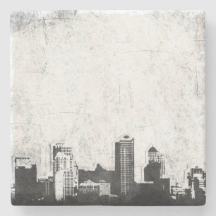 Grungy city background in black and white stone coaster