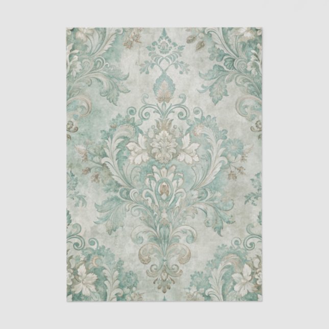 Grungy Damask Pattern in Shades of Teal Green Tissue Paper (Front)