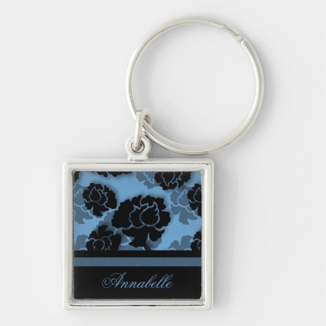Grungy Floral Decadence Keychain, Light Blue Key Ring (Front)