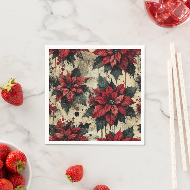 Grungy Floral Poinsettia Newsprint Decoupage Paper Napkin (Insitu)