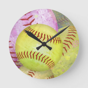 Grungy Girly Softball Round Clock