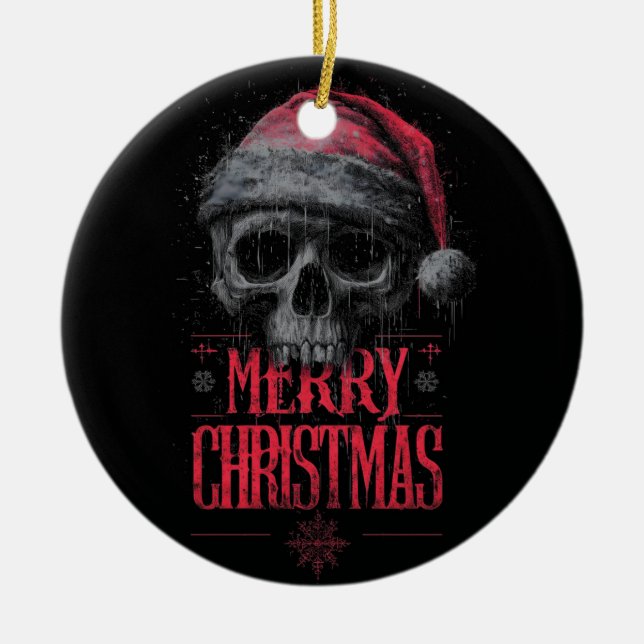 Grungy Gothic Skull Wearing a Distressed Santa Hat Ceramic Tree Decoration (Front)