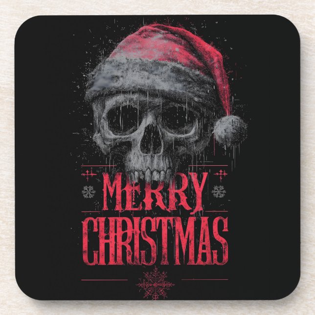Grungy Gothic Skull Wearing a Distressed Santa Hat Coaster (Front)