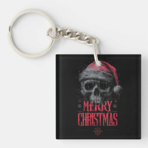 Grungy Gothic Skull Wearing a Distressed Santa Hat Key Ring