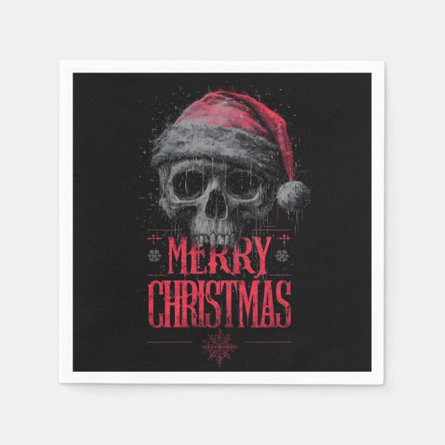 Grungy Gothic Skull Wearing a Distressed Santa Hat Napkin (Front)