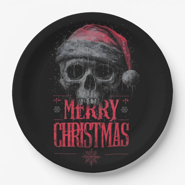 Grungy Gothic Skull Wearing a Distressed Santa Hat Paper Plate (Front)