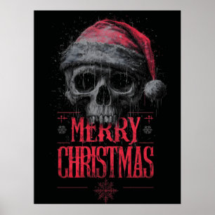 Grungy Gothic Skull Wearing a Distressed Santa Hat Poster