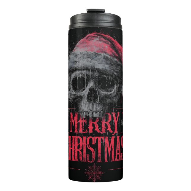 Grungy Gothic Skull Wearing a Distressed Santa Hat Thermal Tumbler (Front)