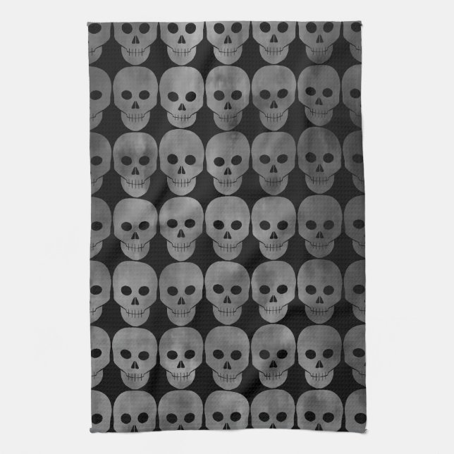 Grungy gothic skulls Halloween kitchen decor Tea Towel (Vertical)