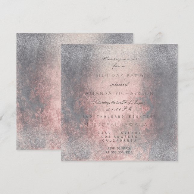 Grungy Gray Pink Rose Gold BrushVip Birthday Party Invitation (Front/Back)